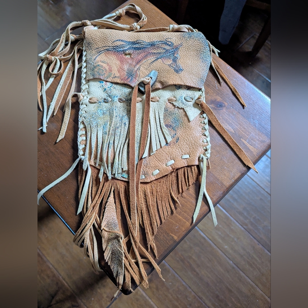 Handmade Hand painted Fringed Leather Bag